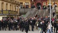 BRNO, CZECH REPUBLIC, MAY 1, 2017: Police riot unit oversees, czech activists protest first may day against extremists