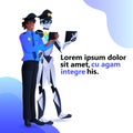 police robot with african american patrol man cops in uniform using tablet pc artificial intelligence technology