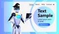 police robot patrol cop in uniform using tablet pc artificial intelligence technology concept