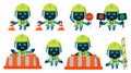 Police robots character vector set design. Robot traffic enforcer with helmet and boxes in standing and holding gestures.