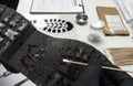 Police scientist taking samples from a shoe sole in a crime lab