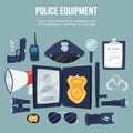 Police security equipment vector illustration set. Handcuffs, bulletproof vest, electroshocker and truncheon, badge