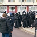 Police security forces during protests by opponents of the Corona measures and compulsory vaccination in Magdeburg Royalty Free Stock Photo