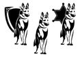 police shepherd dog by metal heraldic shield and sheriff star black and white vector emblem