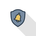Police shield and bell, security alert signal thin line flat icon. Linear vector symbol colorful long shadow design.