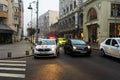Police, and SMURD ambulance on duty. Accident on Victoriei Way Calea Victoriei Boulevard in Bucharest, Romania, 2020