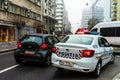 Police, and SMURD ambulance on duty. Accident on Victoriei Way (Calea Victoriei) Boulevard in Bucharest, Romania, 2020