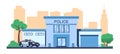 Police station. City building and car. Law security and investigation. Emergency service. Cops department architecture