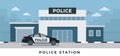 Police station department building with police car in flat style isolated on white background vector set illustration Royalty Free Stock Photo