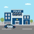 Police station department building in city landscape with police car in flat design. Royalty Free Stock Photo
