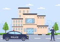 Police Station Department Building with Policeman and Police Car in Flat Style Background Illustration Royalty Free Stock Photo