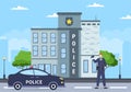 Police Station Department Building with Policeman and Police Car in Flat Style Background Illustration Royalty Free Stock Photo