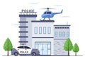 Police Station Department Building with Policeman and Police Car in Flat Style Background Illustration Royalty Free Stock Photo