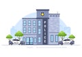 Police Station Department Building with Policeman and Police Car in Flat Style Background Illustration Royalty Free Stock Photo