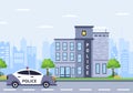 Police Station Department Building with Policeman and Police Car in Flat Style Background Illustration Royalty Free Stock Photo