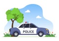 Police Station Department Building Vector Illustration with Policeman and Car on Flat Cartoon Style Background Royalty Free Stock Photo