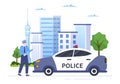 Police Station Department Building Vector Illustration with Policeman and Car on Flat Cartoon Style Background Royalty Free Stock Photo