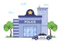 Police Station Department Building Vector Illustration with Policeman and Car on Flat Cartoon Style Background Royalty Free Stock Photo