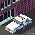 Police station isometric background with female character in policeman uniform standing near police car with flashing lights