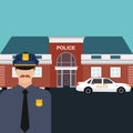 Police station officer standing in front of office with car vector