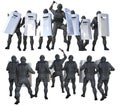 Police swat marching and attacking on mutiny isolated on white background - military 3D Illustration, protest stopping concept Royalty Free Stock Photo