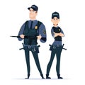 Police swat officer couple in the uniform standing together. Public safety officers in armor. Guardians of law.