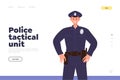 Police tactical unit online service landing page design template with policeman in uniform portrait