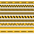 Police tape. Yellow taped barricade warning danger police stripes crime safety line attention border barrier, flat set