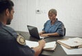 Police team, investigation and documents for filing report or working on case together at precinct. Man and woman, cops