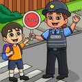 Police Traffic Officer helping Kid Colored Cartoon