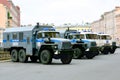 Police trucks to disperse protesters during street riots Royalty Free Stock Photo