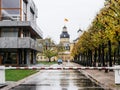 Police van securing Constitutional Court in Germany rainy day