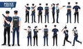 Police vector character set. Policeman characters holding gun in different posture and hand gestures