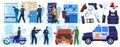 Police vector illustration set, cartoon flat policeman and criminal characters on arrest emergency, policeofficer people