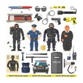 Police vector people policeman and criminal characters illustration policy set of policeofficer in bulletproof vest with