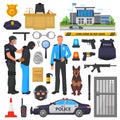 Police vector policeman character and policeofficer in bulletproof vest with handcuffs in police-office illustration set