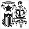 Police Vector set - Design elements, Badge, Policeman in Monochrome style. Vector illustration Isolated on White Royalty Free Stock Photo