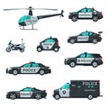 Police Vehicles Collection, Various Emergency Patrol Transport, Side View Flat Vector Illustration