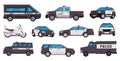 Police vehicles. Security car with siren, policeman van suv truck transport for protection and rescue, urgency patrol