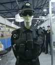 police walkie talkie radio hanging on Ukrainian police woman uniform put on dummy. Arms and Safety 2021. Kyiv, Ukraine Royalty Free Stock Photo