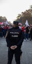 MADRID, DECEMBER 09 - Police watch the River Plate supporters before entering the final of the Copa Libertadores at the BernabÃÂ©u