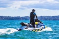 Police water patrol on a jetski during the 36th Americas Cup in Auckland, New Zealand