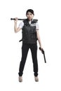 Police woman hold revolver gun and baseball bat Royalty Free Stock Photo