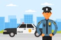 Police Work with Car and Man Officer in Uniform as Guardian of Law and Order Vector Illustration Royalty Free Stock Photo