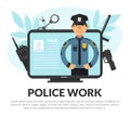 Police Work Web Banner with Computer Screen and Man Officer in Uniform as Guardian of Law and Order Vector Illustration Royalty Free Stock Photo