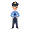 Cute boy policeman in cartoon style. Funny kid in police uniform isolated on white background