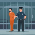 Policeman arrest thief. Police officer and bandit. Policeman escorts criminal to jail. Jailer leads convicted man to Royalty Free Stock Photo