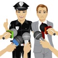 Policeman arresting white collar corrupt businessman while journalist interviewing him Royalty Free Stock Photo