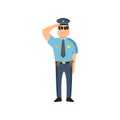 Policeman in blue uniform with a police badge in a cap and glasses performs his daily work protecting people Royalty Free Stock Photo