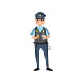 Policeman in blue uniform with a police badge in a cap and glasses performs his daily work protecting people Royalty Free Stock Photo